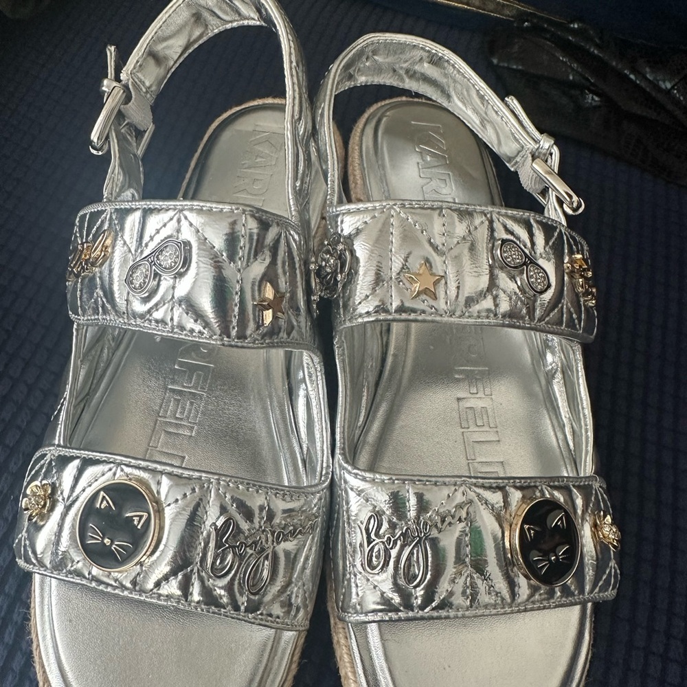 Karl Lagerfeld Metallic Silver Sandals with Embellishments